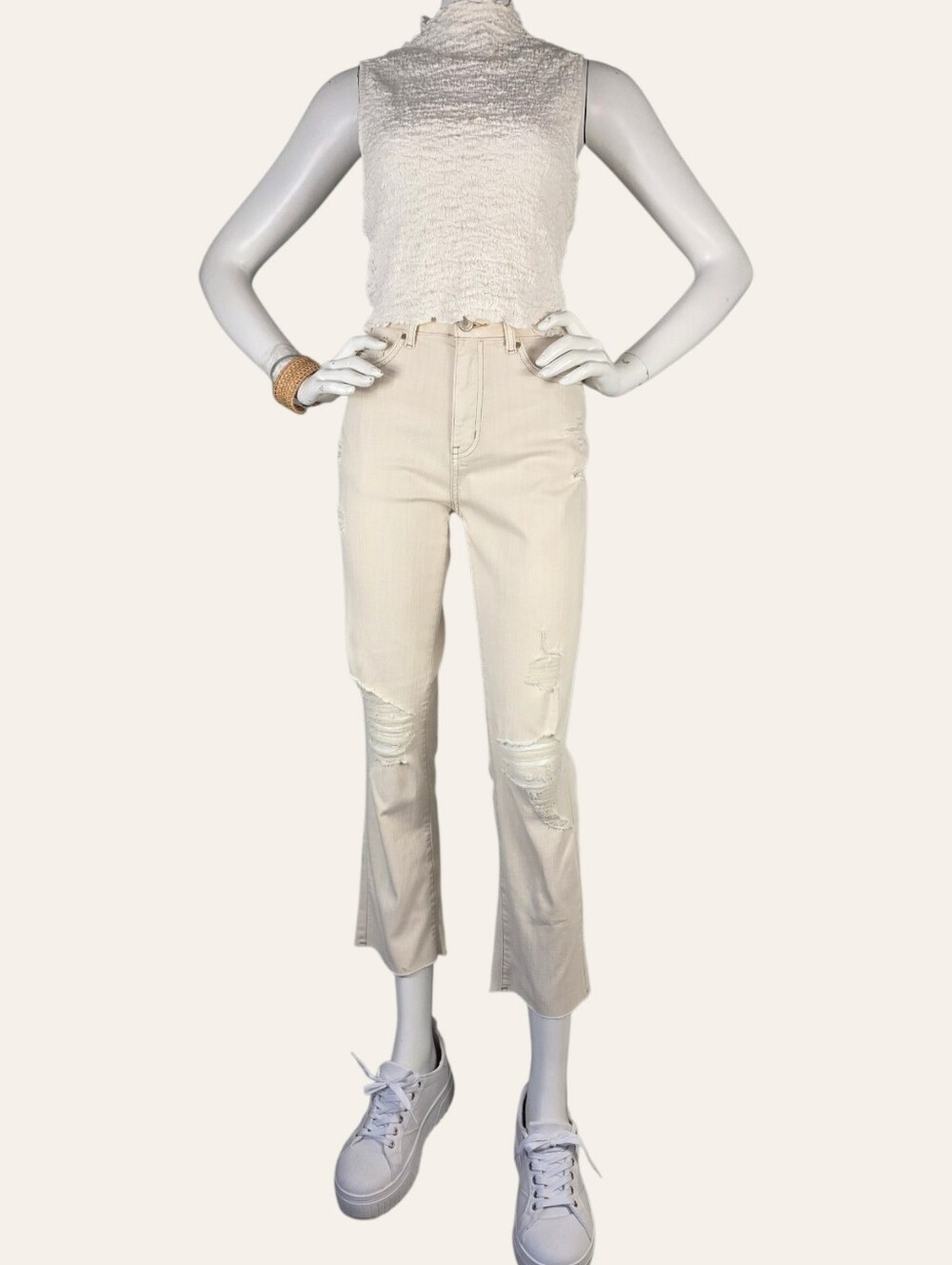 Grace & Lace Cream Distressed Cropped Jeans Raw Hem Size 2 NWT